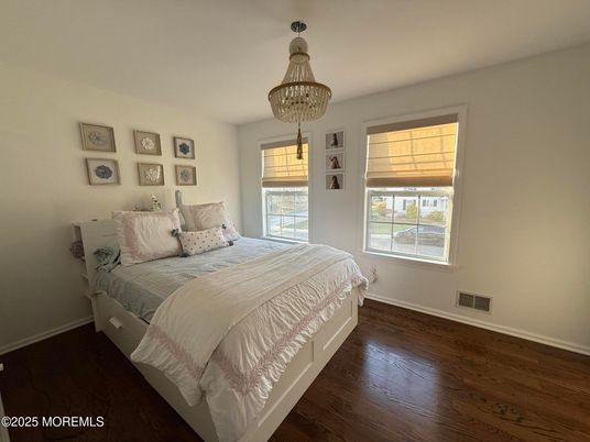 Bedroom, Chandelier, Interior, Wood Texture Flooring