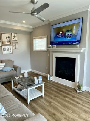 Fireplace, Interior, Living room, Recessed Lighting, Wood Texture Flooring