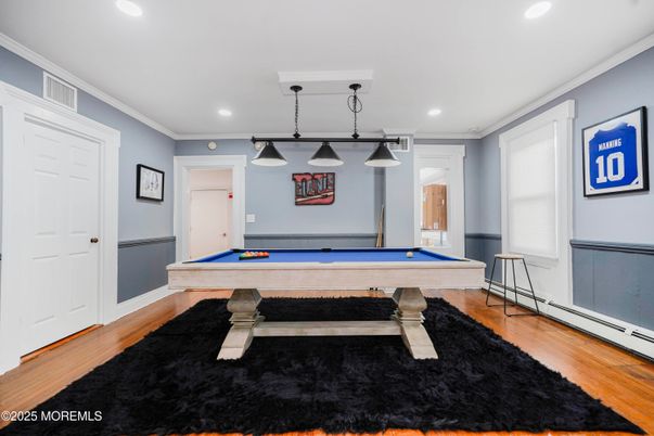 Billiard Table, Game Room, Interior, Pendant Lights, Recessed Lighting, Wood Texture Flooring