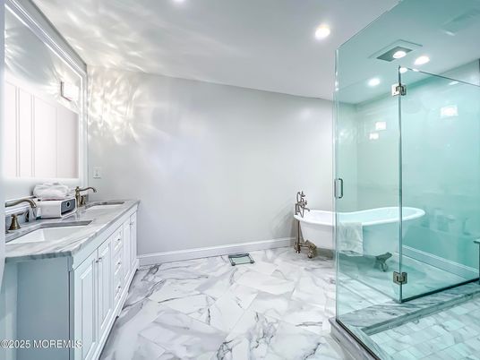 Bathroom, Dual Sink Vanities, Free Standing Baths, Glass Shower, Interior, Marble, Recessed Lighting