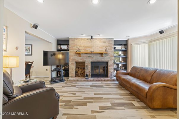 Fireplace, Interior, Recessed Lighting, Stone Walls, Wood Texture Flooring