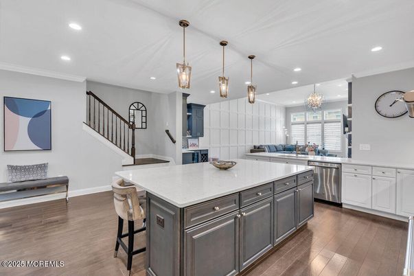 Chandelier, Interior, Kitchen, Pendant Lights, Recessed Lighting, Stainless Steel Appliances, Wood Texture Flooring
