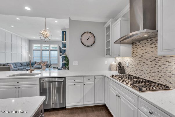 Chandelier, Interior, Kitchen, Pendant Lights, Recessed Lighting, Stainless Steel Appliances, Wood Texture Flooring