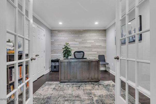 Home Office, Interior, Recessed Lighting, Wood Texture Flooring, Wooden Walls