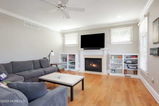 Fireplace, Interior, Living room, Recessed Lighting, Wood Texture Flooring