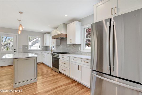 Interior, Kitchen, Pendant Lights, Recessed Lighting, Stainless Steel Appliances, Wood Texture Flooring