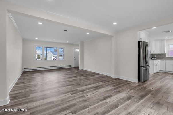 Empty room, Interior, Kitchen, Recessed Lighting, Wood Texture Flooring