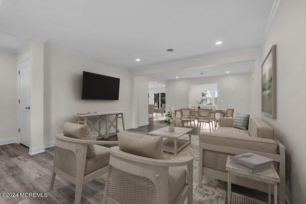 Dining room, Interior, Living room, Recessed Lighting, Wood Texture Flooring
