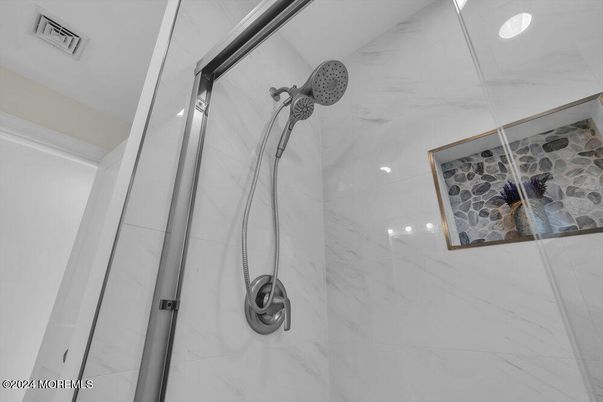 Bathroom, Glass Shower, Interior, Marble Walls, Recessed Lighting