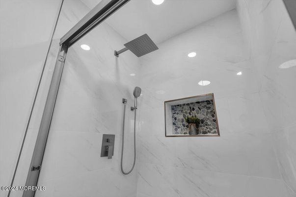 Bathroom, Glass Shower, Interior, Marble Walls, Recessed Lighting