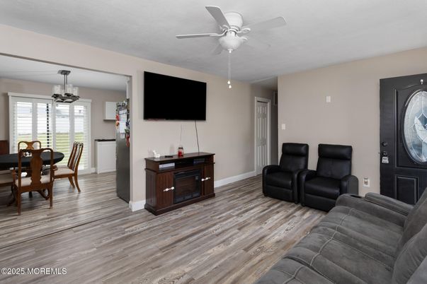 Dining room, Interior, Living room, Pendant Lights, Wood Texture Flooring