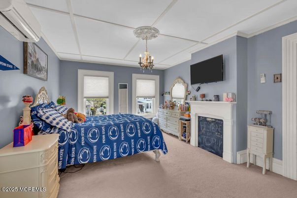 Bedroom, Chandelier, Fireplace, Interior