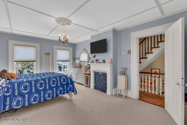 Chandelier, Fireplace, Interior