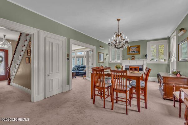 Chandelier, Dining room, Fireplace, Interior