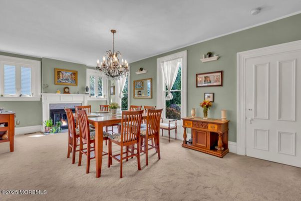 Chandelier, Dining room, Fireplace, Interior
