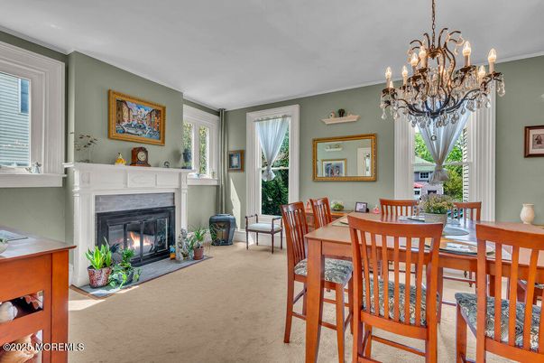 Chandelier, Dining room, Fireplace, Interior