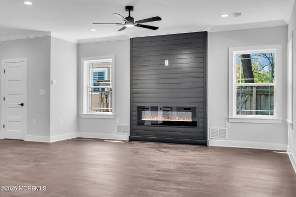 Empty room, Fireplace, Interior, Recessed Lighting, Wood Texture Flooring