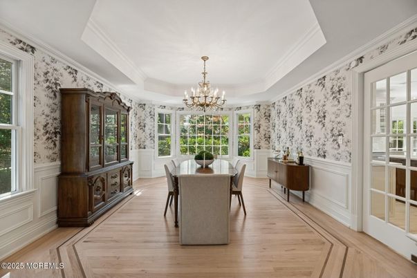 Chandelier, Dining room, Interior, Wood Texture Flooring