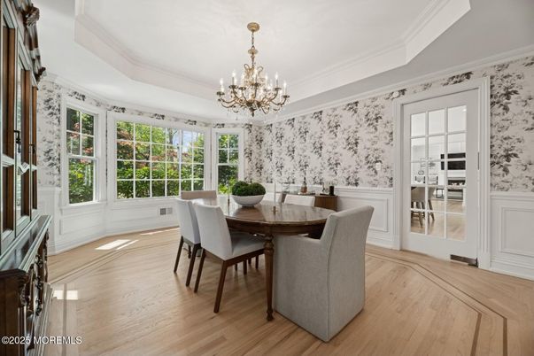 Chandelier, Dining room, Interior, Wood Texture Flooring