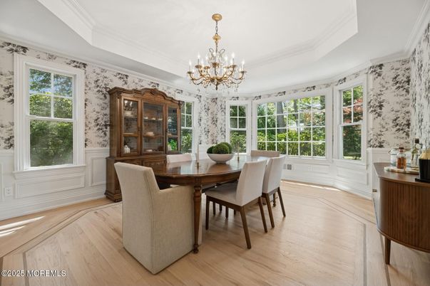 Chandelier, Dining room, Interior, Wood Texture Flooring