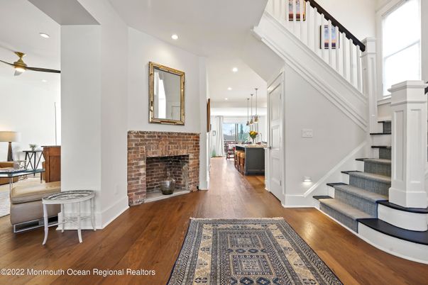 Fireplace, Interior, Pendant Lights, Recessed Lighting, Wood Texture Flooring
