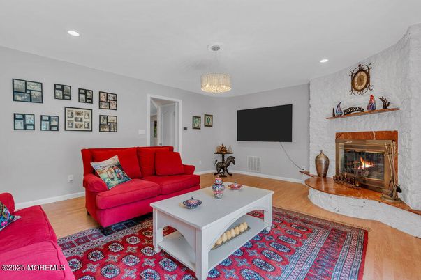 Fireplace, Interior, Living room, Pendant Lights, Recessed Lighting, Wood Texture Flooring