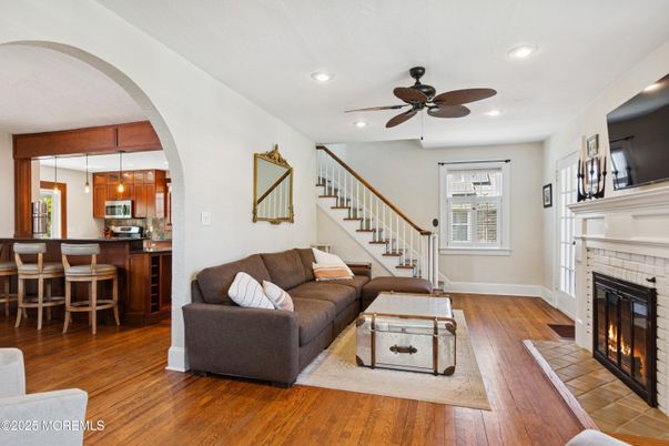 Fireplace, Interior, Kitchen, Living room, Pendant Lights, Recessed Lighting, Wood Texture Flooring