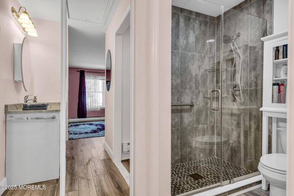 Bathroom, Glass Shower, Interior, Wood Texture Flooring