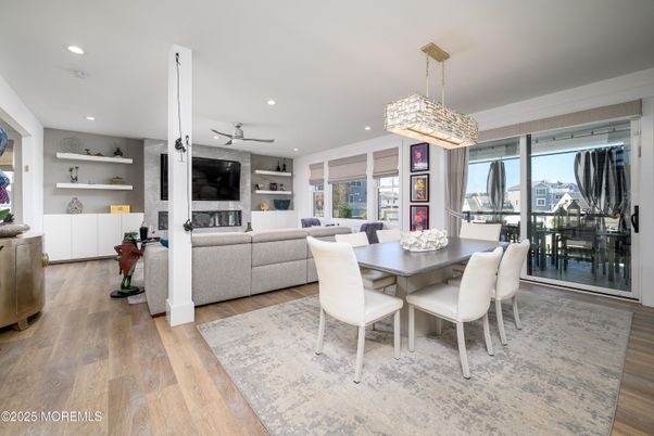 Chandelier, Dining room, Interior, Living room, Recessed Lighting, Wood Texture Flooring