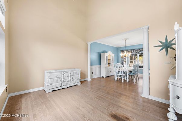 Chandelier, Dining room, Interior, Wood Texture Flooring