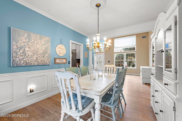Chandelier, Dining room, Interior, Wood Texture Flooring