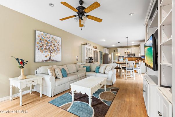 Dining room, Interior, Kitchen, Living room, Pendant Lights, Recessed Lighting, Stainless Steel Appliances, Wood Texture Flooring