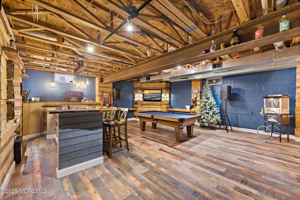Billiard Table, Game Room, Interior, Pendant Lights, Wooden Beams, Wood Texture Flooring