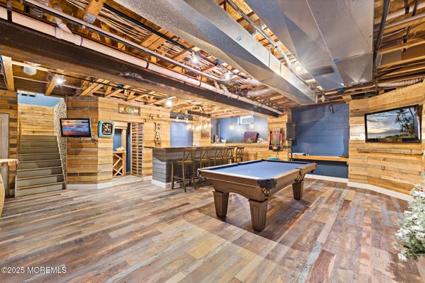 Billiard Table, Game Room, Interior, Wooden Beams, Wood Texture Flooring, Wooden Walls