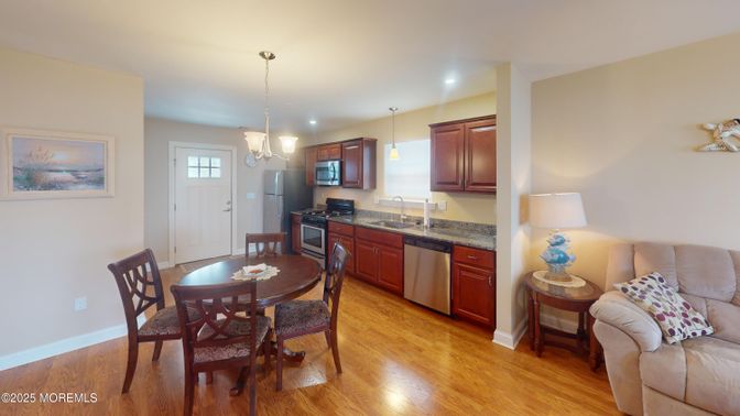 Dining room, Interior, Kitchen, Pendant Lights, Recessed Lighting, Wood Texture Flooring