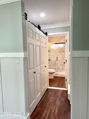 Bathroom, Glass Shower, Interior, Marble Walls, Recessed Lighting, Wood Texture Flooring