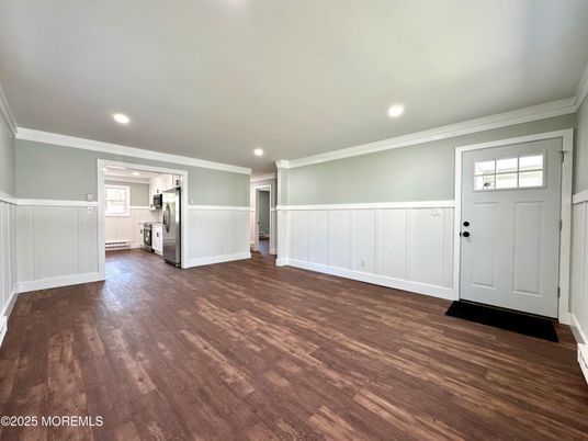 Empty room, Interior, Kitchen, Recessed Lighting, Wood Texture Flooring