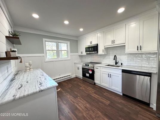 Interior, Kitchen, Recessed Lighting, Stainless Steel Appliances, Wood Texture Flooring