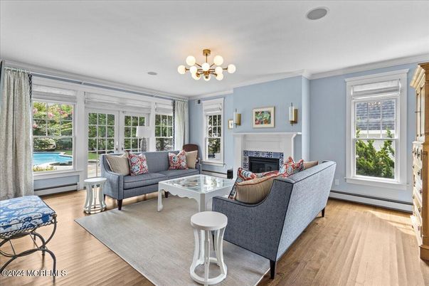 Fireplace, Interior, Living room, Pendant Lights, Wood Texture Flooring
