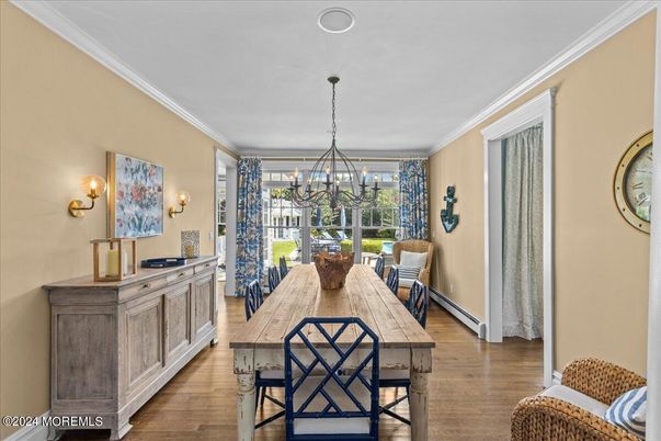 Chandelier, Dining room, Interior, Wood Texture Flooring