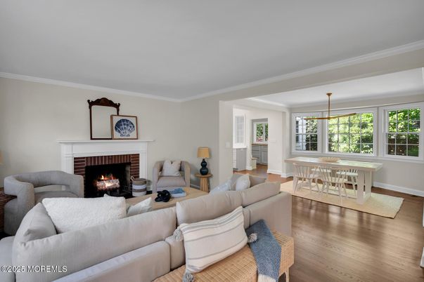 Dining room, Fireplace, Interior, Living room, Pendant Lights, Wood Texture Flooring