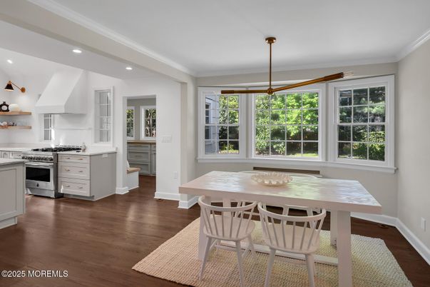 Dining room, Interior, Kitchen, Recessed Lighting, Stainless Steel Appliances, Wood Texture Flooring