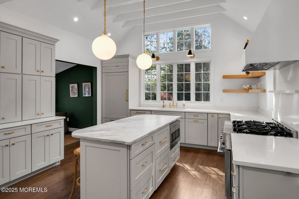 Interior, Kitchen, Pendant Lights, Recessed Lighting, Wood Texture Flooring