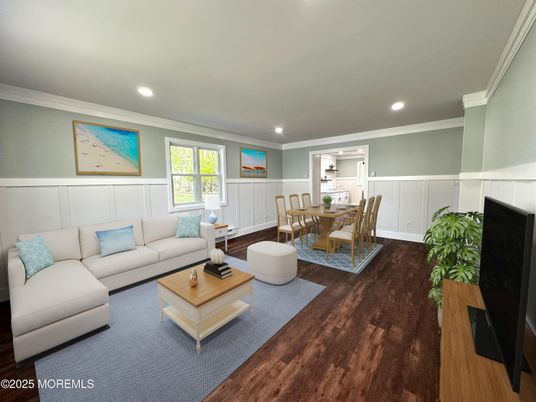 Dining room, Interior, Living room, Recessed Lighting, Wood Texture Flooring