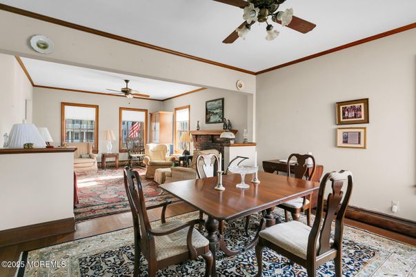 Dining room, Fireplace, Interior, Living room, Wood Texture Flooring