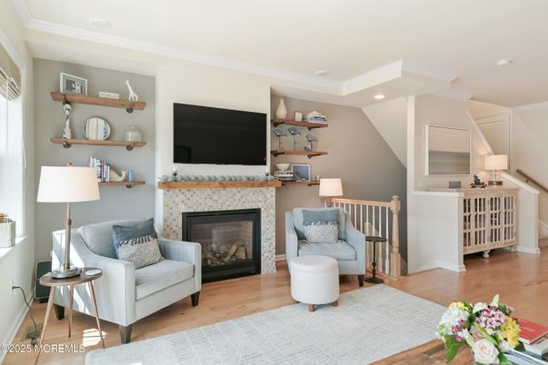 Fireplace, Interior, Living room, Recessed Lighting, Wood Texture Flooring