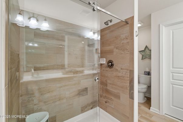 Bathroom, Glass Shower, Interior, Wood Texture Flooring