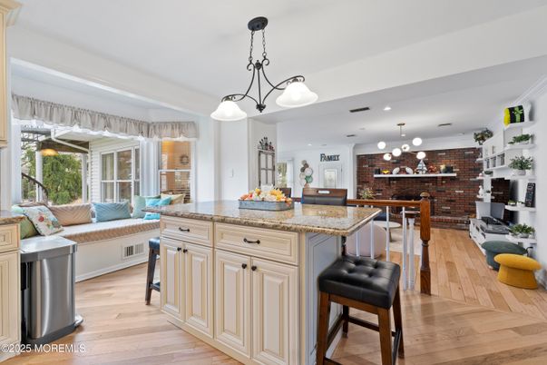 Dining room, Interior, Kitchen, Living room, Pendant Lights, Recessed Lighting, Stone Walls, Wood Texture Flooring