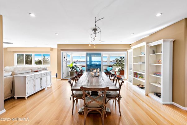Dining room, Interior, Living room, Pendant Lights, Recessed Lighting, Wood Texture Flooring