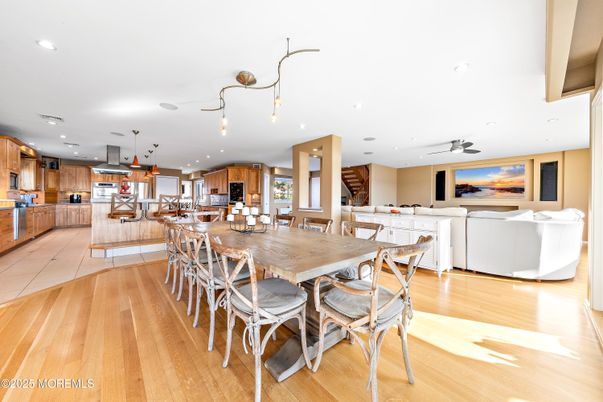 Dining room, Interior, Kitchen, Living room, Pendant Lights, Recessed Lighting, Stainless Steel Appliances, Wood Texture Flooring